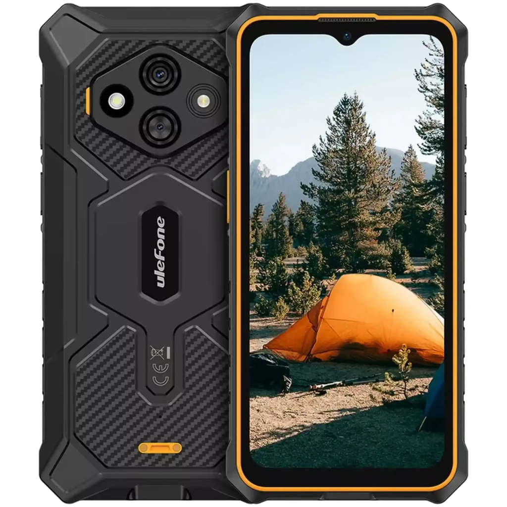 Ulefone RugKing 3 Pro naranja con carcasa robusta negra, bordes en naranja, pantalla 6.72 pulgadas y triple cámara trasera con sensor principal de 48 MP