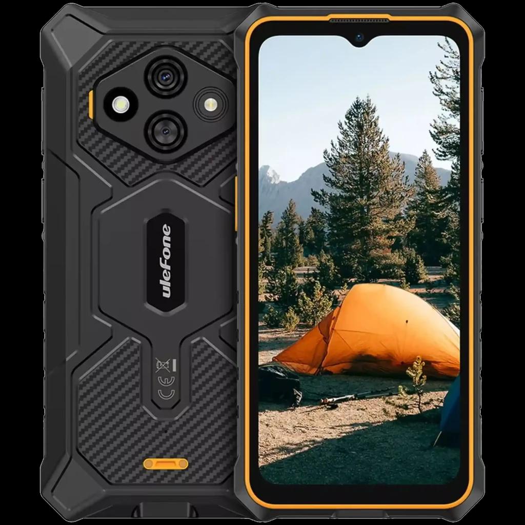 Ulefone RugKing 3 Pro orange, smartphone robuste avec cadre noir et accents orange, triple caméra arrière, écran 6,72 pouces affichant scène de camping