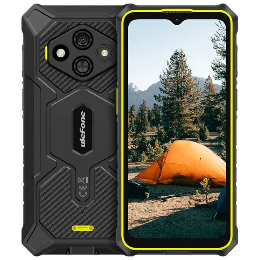 Ulefone RugKing 3 Pro verde robusto con marco amarillo, triple cámara trasera, linterna potente, pantalla con notch en V y diseño reforzado antigolpes