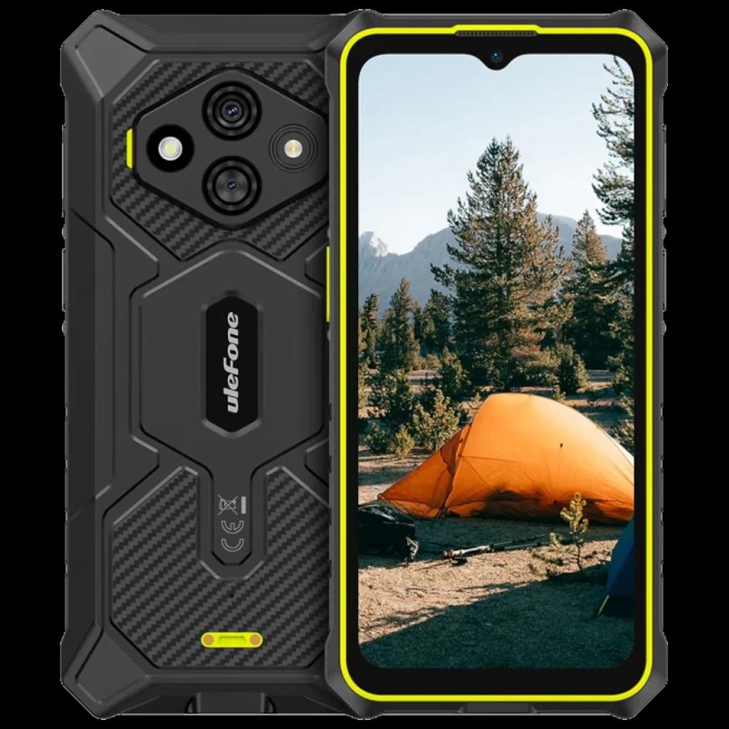 Ulefone RugKing 3 Pro vert robuste, cadre noir et jaune, triple caméra arrière, écran avec encoche goutte, texture carbone, bordures renforcées