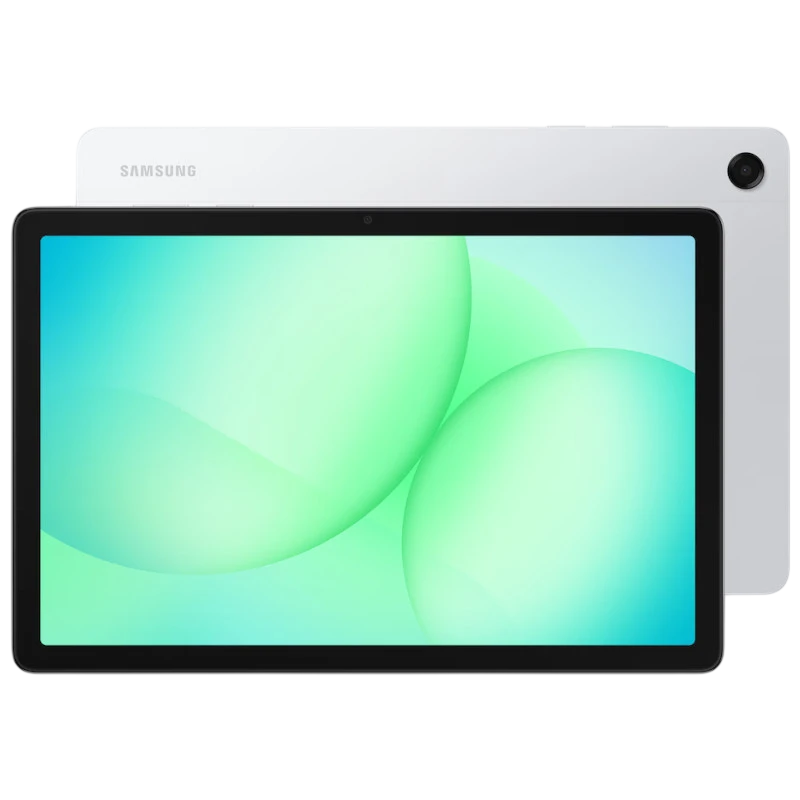 Samsung Galaxy Tab A11+ 5G 6 Go 128 Go Argent avec grand écran bord fin, cadre noir, dos argent lisse et caméra arrière unique discrète