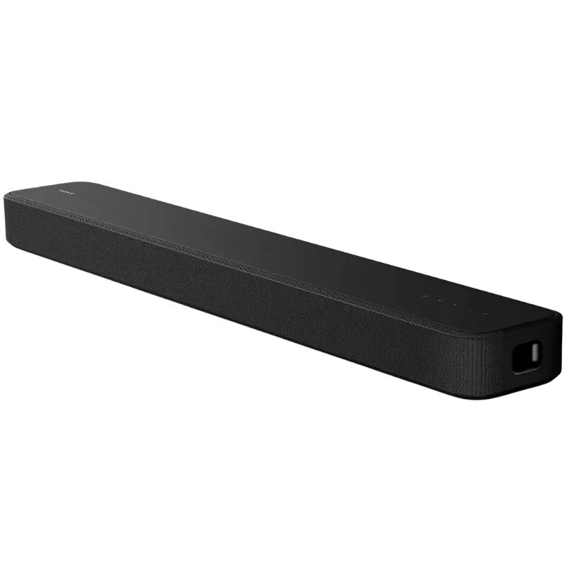 Barra de sonido negra compacta con rejilla textil frontal, cuerpo minimalista, controles superiores y puerto lateral; diseño 3.1 canales, potencia 250W