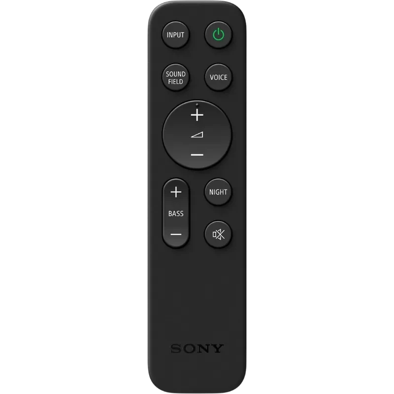 Control remoto negro Sony HT-S2000 con botones de encendido, volumen, graves, modo noche, voz, campo sonoro, entrada y Bluetooth; diseño compacto y minimalista