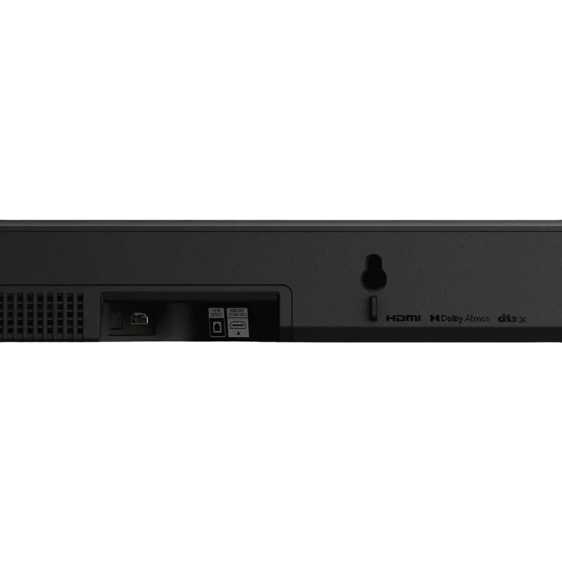 Sony HT-S2000 negro con panel trasero: puerto HDMI, rejillas de ventilación, ranura de montaje en pared y logotipos Dolby Atmos y DTS:X