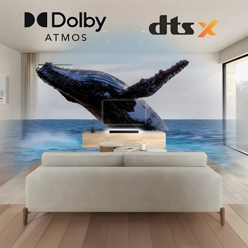 Barra de sonido Sony HT-S2000 negra con 3.1 canales y 250W; diseño minimalista bajo el televisor, compatible con Dolby Atmos y DTS X
