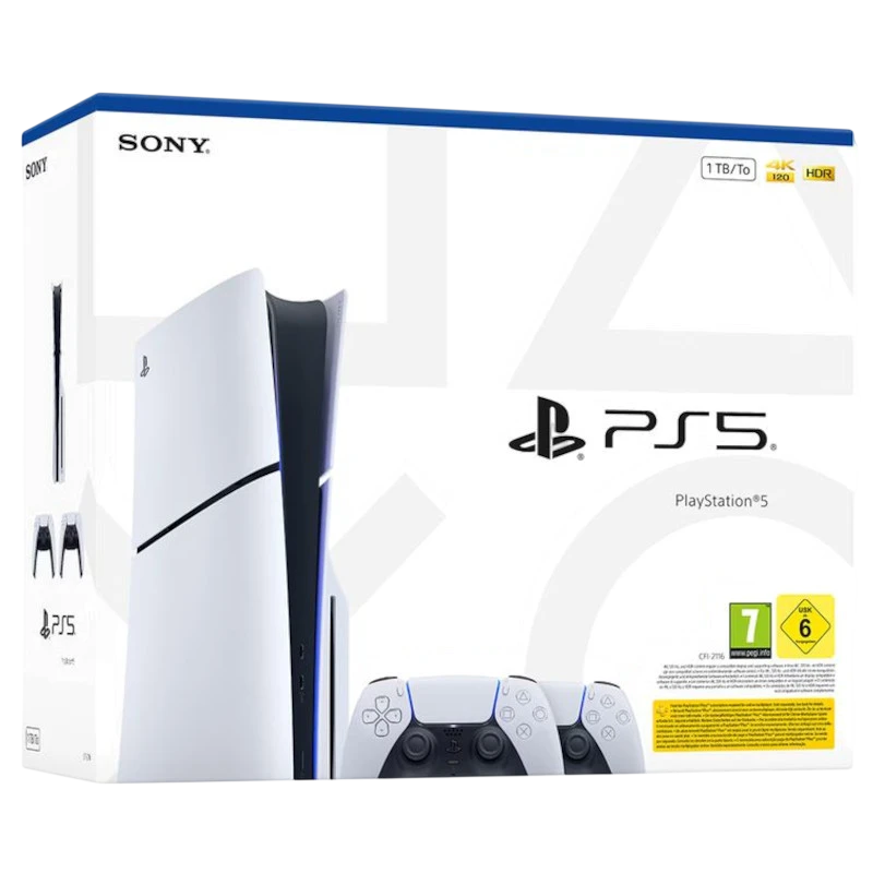 PlayStation 5 Lector 1TB Chasis E blanco con dos mandos DualSense; consola vertical blanca con detalles negros, logo PS5 y caja con sellos 4K HDR y 1TB