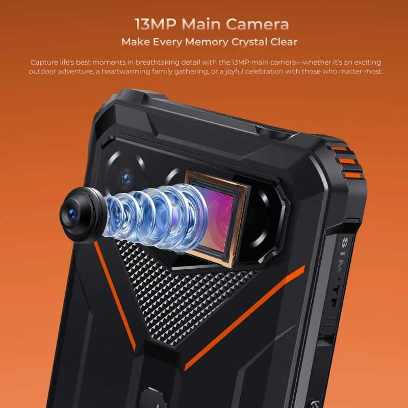 Oukitel G3 4Go/256Go Noir avec appareil photo principal 13 MP, module optique en couches, design robuste noir et accents orange, slot SIM et TF visibles