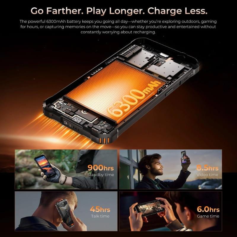Oukitel G3 4Go/256Go Noir avec batterie 6300 mAh, dos transparent style industriel, module caméra proéminent, châssis robuste et connectiques apparentes