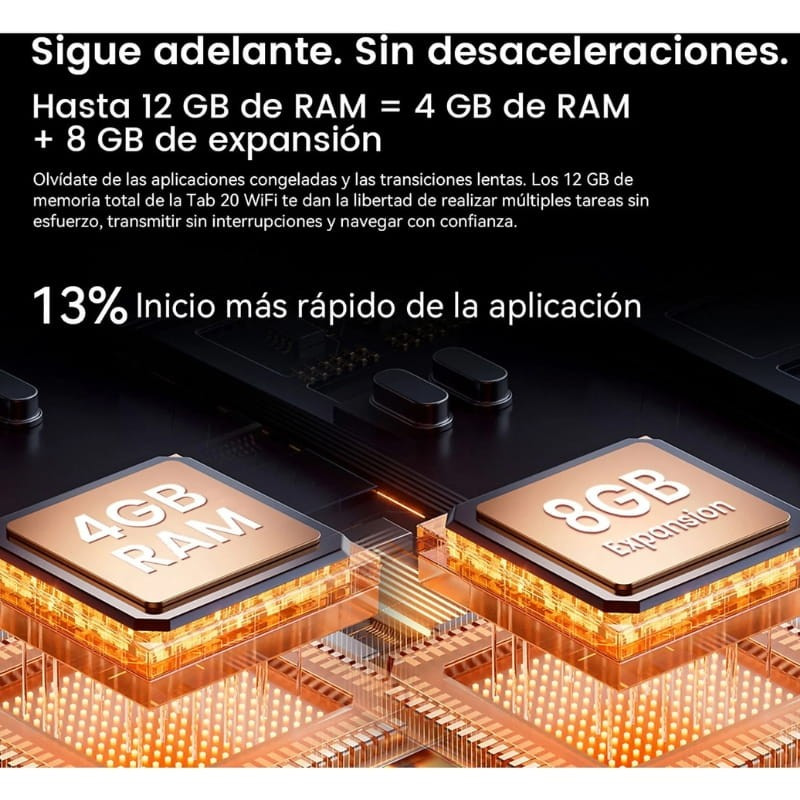 Blackview Tab 20 WiFi 64 Go Vert avec écran 10,1 pouces, 4 Go RAM + 8 Go expansion. Gros modules 4GB et 8GB mis en avant, design techno lumineux