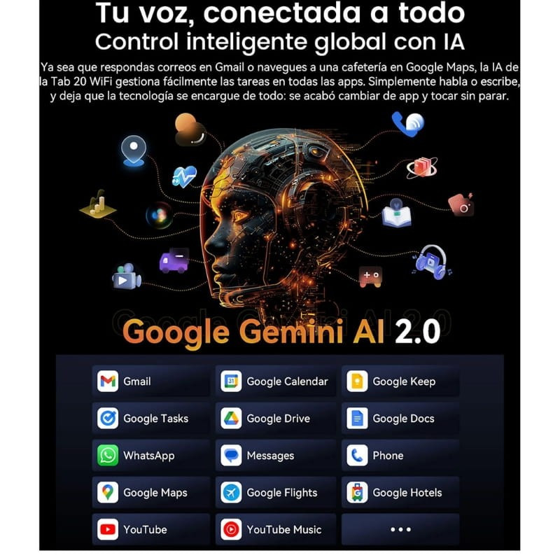 Blackview Tab 20 WiFi 64 Go Vert avec écran 10,1 pouces affichant Google Gemini AI 2.0 et icônes d’apps Google; interface claire et moderne