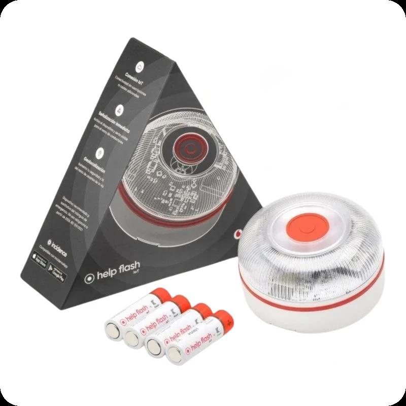 Help Flash IOT Plus branca com cúpula translúcida, botão central laranja e aro vermelho; inclui 4 pilhas AA e caixa triangular informativa