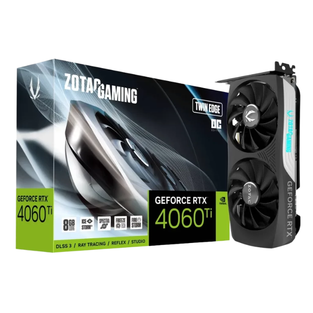 Zotac GeForce RTX 4060 Ti 8GB Twin Edge OC con doble ventilador, diseño compacto gris y negro