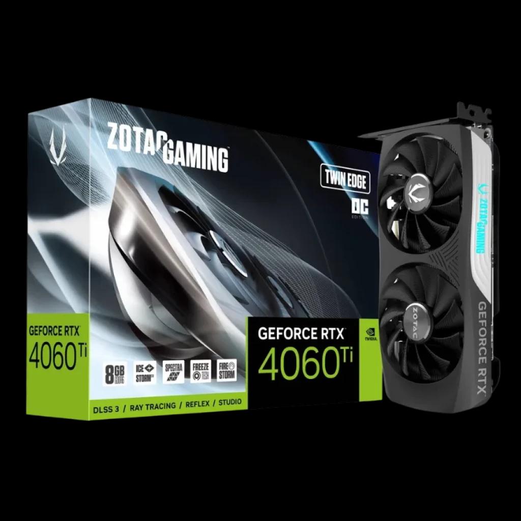 Zotac GeForce RTX 4060 Ti 8 GB Twin Edge OC com duas ventoinhas, design compacto em cinzento e preto