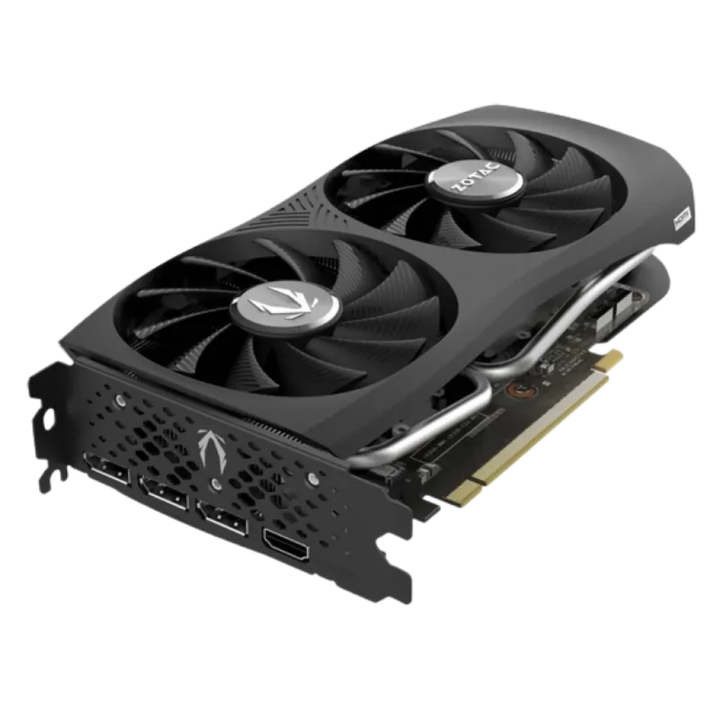 Zotac GeForce RTX 4060 Ti 8 GB Twin Edge OC com duas ventoinhas pretas, placa traseira perfurada, tubos de calor visíveis e saídas HDMI e DisplayPort