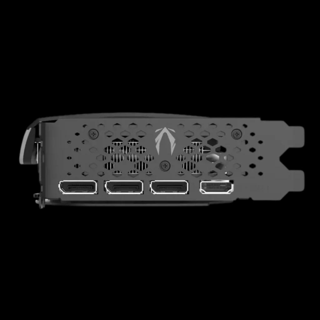 Painel de ligações da Zotac RTX 4060 Ti com portas HDMI e DisplayPort