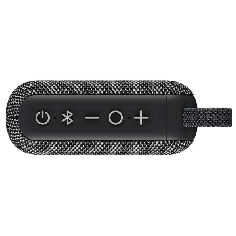 Tribit Pocket Go 7W Noir, enceinte compacte avec tissu gris chiné, panneau noir à boutons tactiles: marche, Bluetooth, volume, dragonne latérale