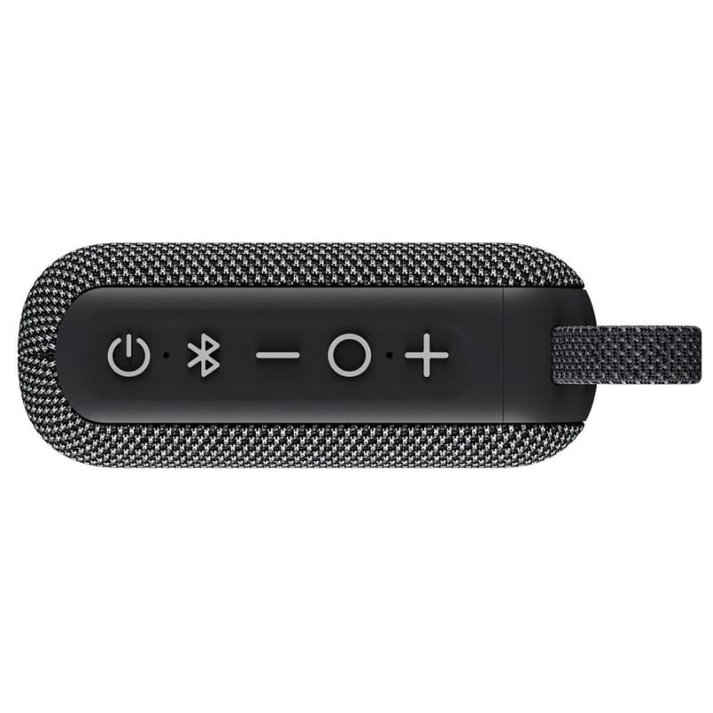 Tribit Pocket Go 7W Noir, enceinte compacte avec tissu gris chiné, panneau noir à boutons tactiles: marche, Bluetooth, volume, dragonne latérale