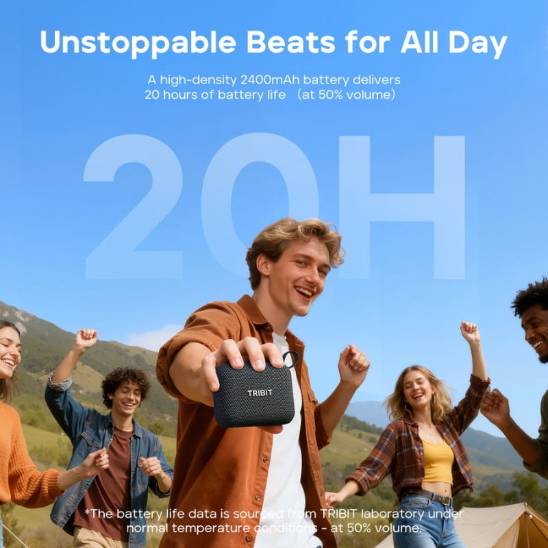 Tribit Pocket Go 7W Noir, mini enceinte compacte noire avec dragonne, grille texturée et logo Tribit, design portable pour usage extérieur et fêtes