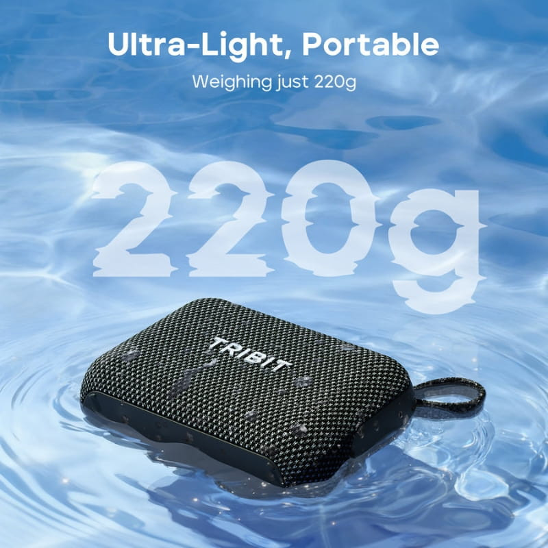 Tribit Pocket Go 7W Noir, mini enceinte noir charbon avec grille tressée, format rectangulaire arrondi, dragonne latérale, flottant sur l’eau, ultra