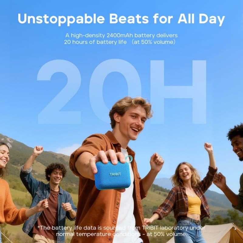 Tribit Pocket Go 7W Bleu, enceinte compacte antichoc, boîtier textile bleu, boucle de transport, boutons + - lecture et Bluetooth en relief, robuste outdoor