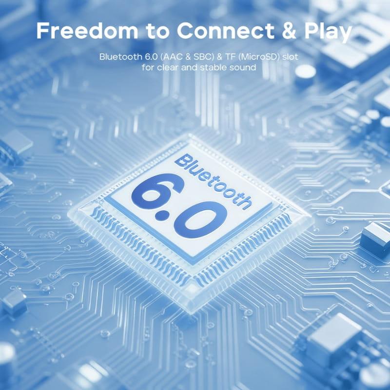 Tribit Pocket Go 7W Vert avec puce Bluetooth 6.0 mise en avant sur circuit imprimé bleu, promesse de connexion stable et audio clair AAC et SBC, slot TF