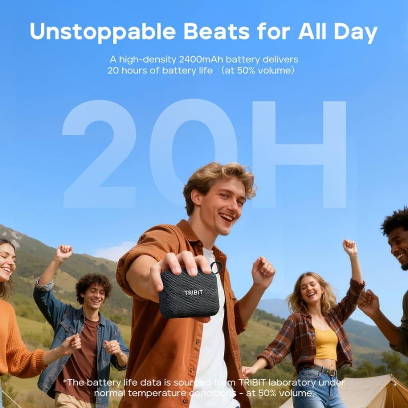 Enceinte Tribit Pocket Go 7W vert, compacte et ultra légère 220 g, design maillé, dragonne intégrée, résistante à l’eau, idéale pour l’extérieur