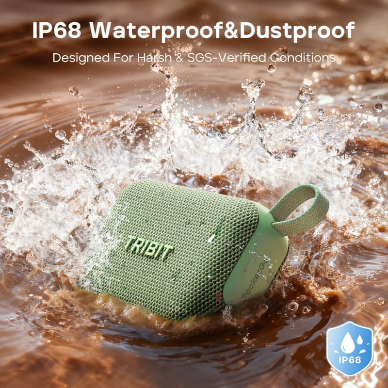 Tribit Pocket Go 7W Vert, mini enceinte robuste IP67, grille tissu vert, boutons + et -, boucle daccroche, compacte et résistante aux chocs et poussière