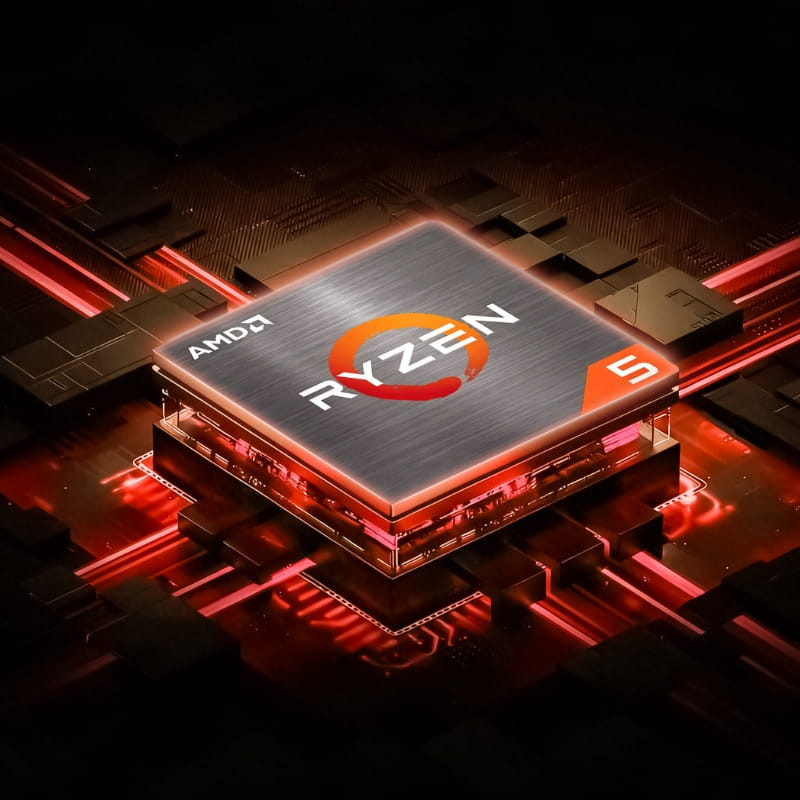Procesador AMD Ryzen 5 destacado sobre placa negra con trazos rojos luminosos, logotipo Ryzen centrado y número 5 en rojo, aspecto metálico cepillado y borde