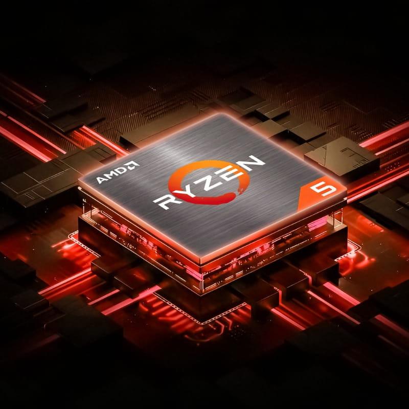 Procesador AMD Ryzen 5 destacado sobre placa negra con trazos rojos luminosos, logotipo Ryzen centrado y número 5 en rojo, aspecto metálico cepillado y borde