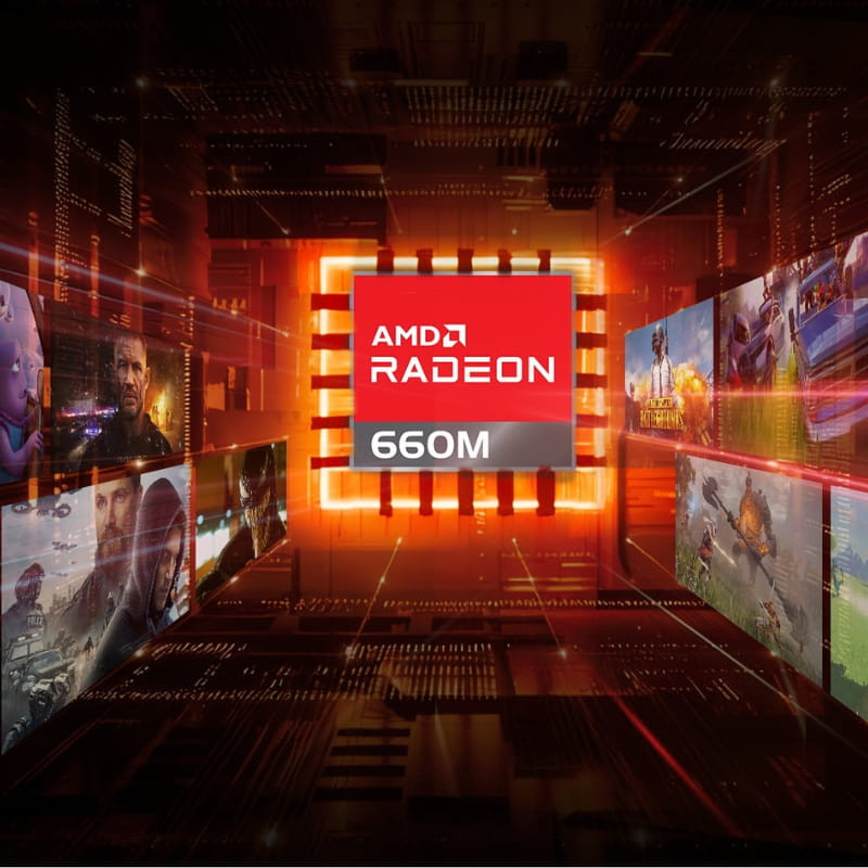 Gráfico AMD Radeon 660M destacado en un entorno digital futurista con paneles de juegos y efectos de luz naranja y rojo alrededor del chip central