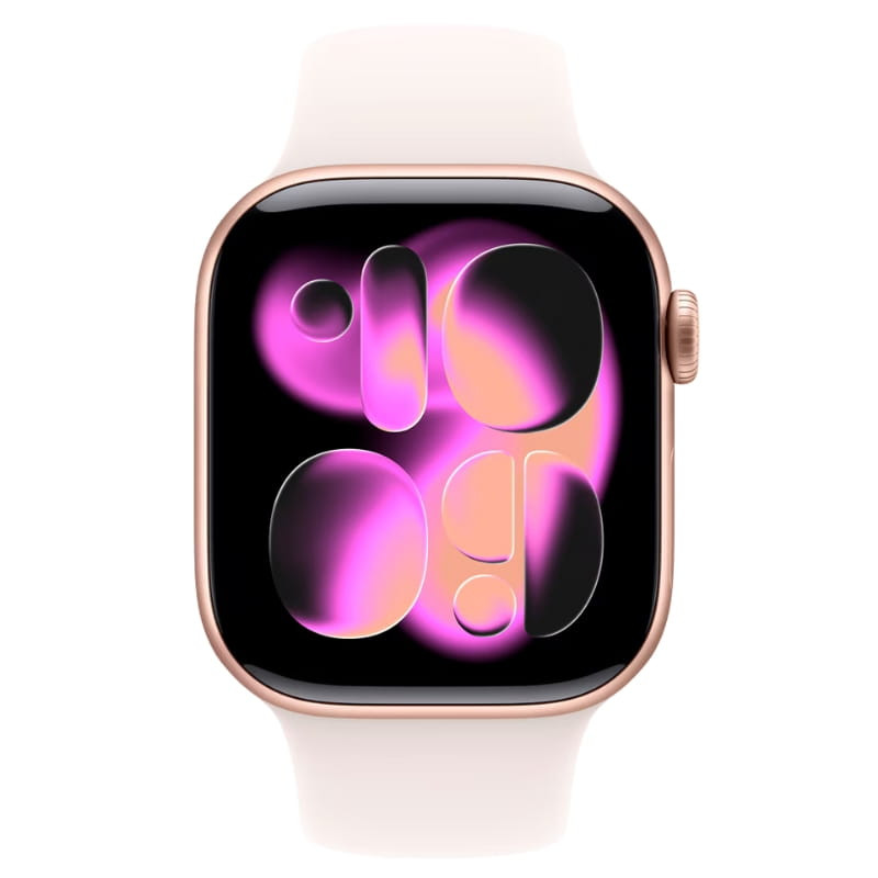 Apple Watch Series 11 GPS 42 mm aluminium or rose, boîtier arrondi, écran bord à bord affichage rose violet, bracelet sport S/M rose pâle