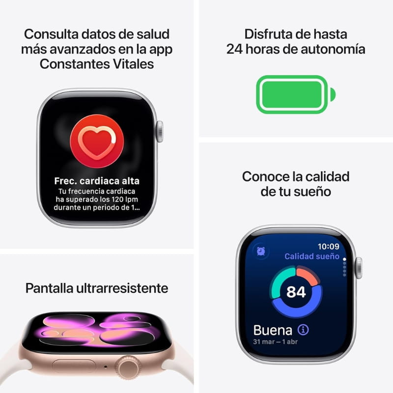 Apple Watch Series 11 GPS 42 mm aluminium or rose avec écran ultra‑résistant, suivi fréquence cardiaque, sommeil et autonomie jusqu’à 24 h, bracelet