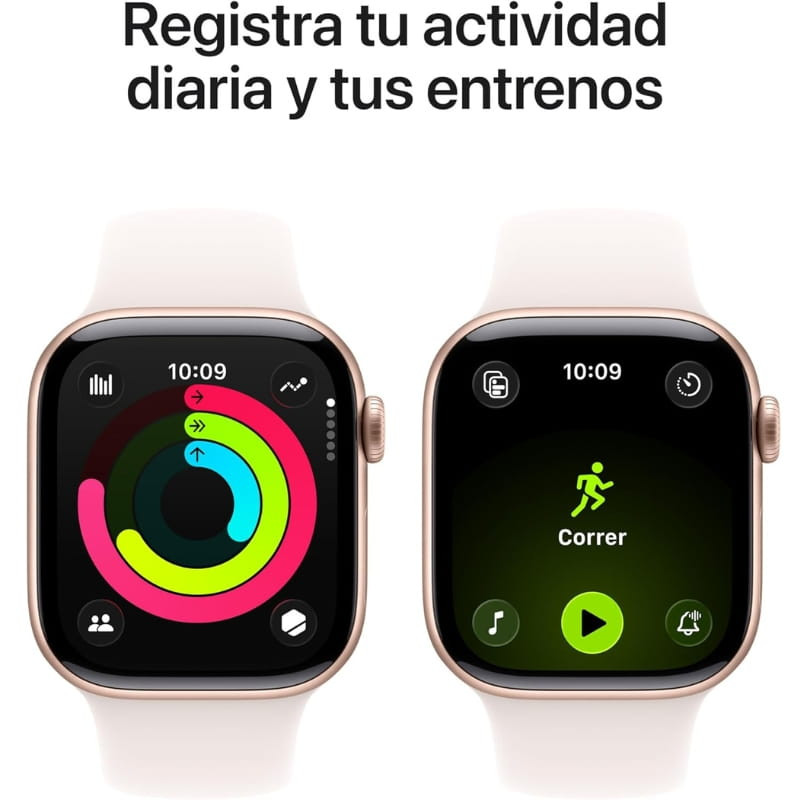 Apple Watch Series 11 GPS 42 mm aluminium or rose avec bracelet sport S/M, écran rectangulaire bord arrondi, cadrans fitness et entraînement affichés
