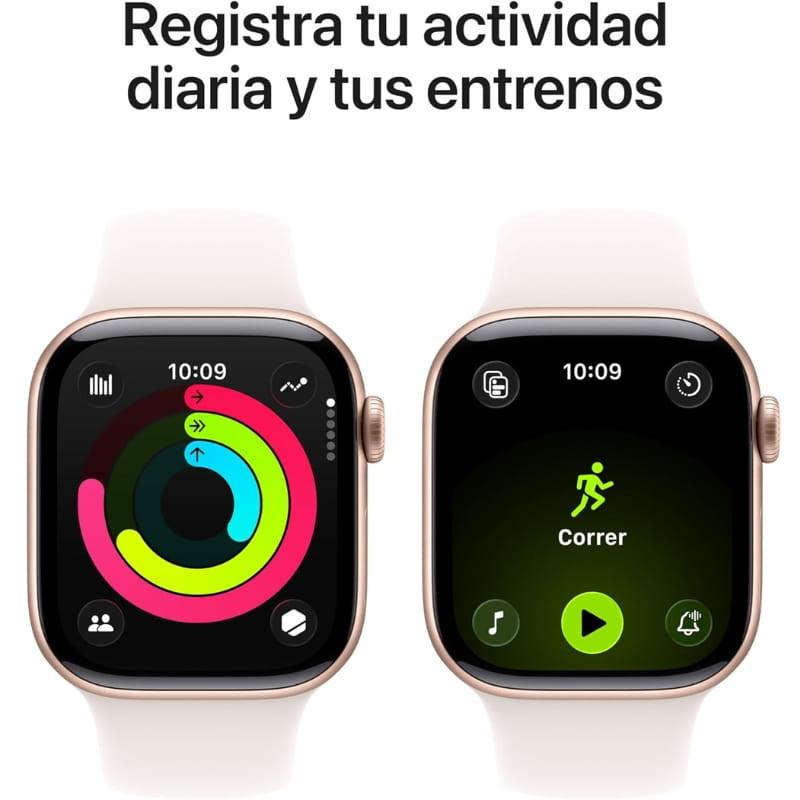 Apple Watch Series 11 GPS 42 mm em alumínio ouro rosa com pulseira desportiva S/M, ecrã retangular brilhante com mostradores de atividade e treino running
