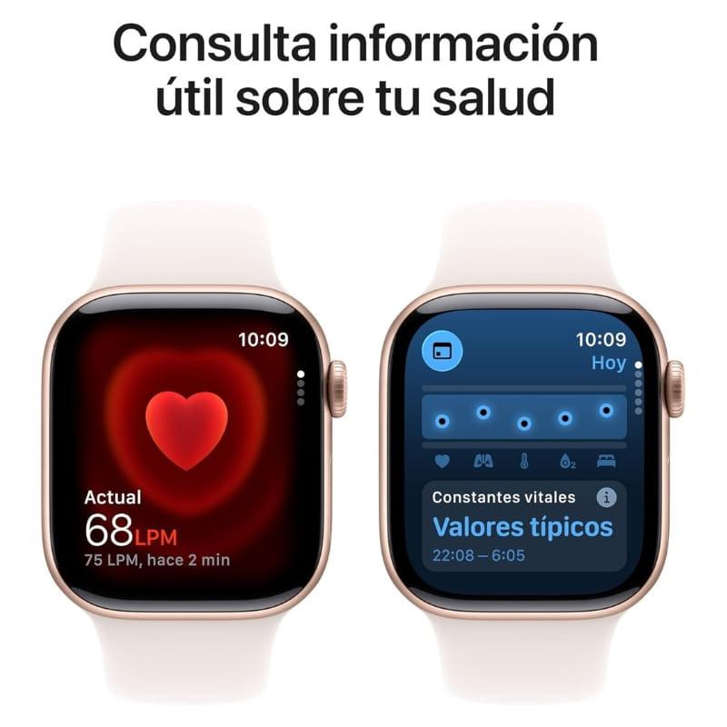 Apple Watch Series 11 GPS 42 mm em alumínio ouro rosa com pulseira desportiva S/M, ecrã amplo com mostradores de saúde e frequência cardíaca em destaque