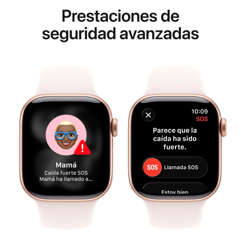 Apple Watch Series 11 GPS 42 mm aluminium or rose, boîtier arrondi, écran bord à bord, bracelet sport S/M rose pâle, alertes SOS et détection de chute