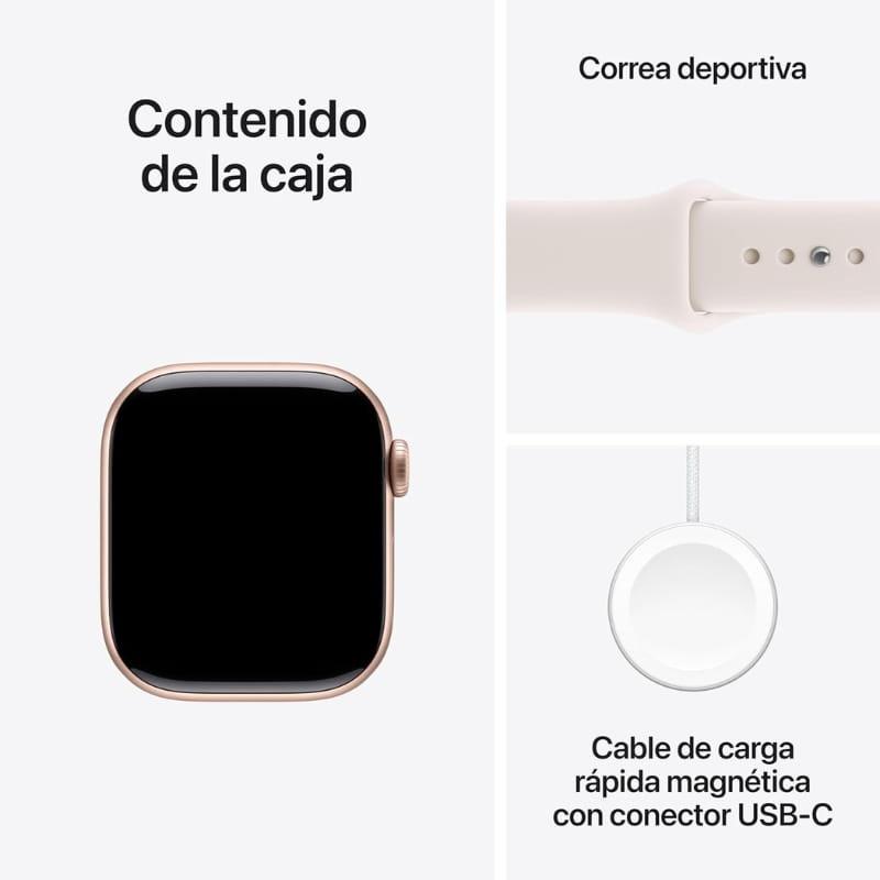 Apple Watch Series 11 GPS 42 mm em alumínio ouro rosa com ecrã preto, coroa lateral, pulseira desportiva S/M bege e carregador magnético USB‑C