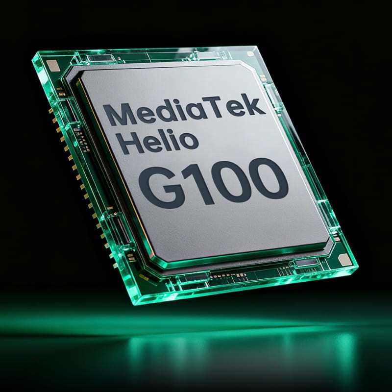 Chip MediaTek Helio G100 con iluminación verde, encapsulado transparente y pines laterales dorados, potencia para Black Shark Pad 7 Pro 11 8GB 256GB 4G Negro