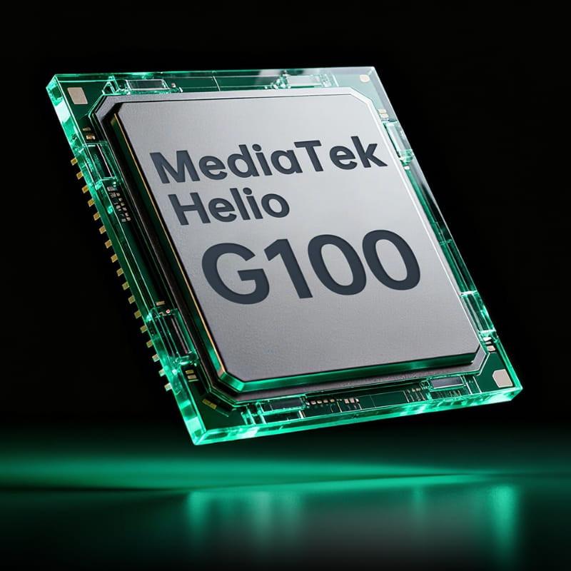 Chip MediaTek Helio G100 con iluminación verde, encapsulado transparente y pines laterales dorados, potencia para Black Shark Pad 7 Pro 11 8GB 256GB 4G Negro