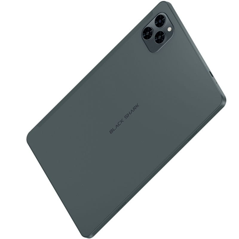 Tablet Black Shark Pad SE 10,1 pulgadas, color negro, acabado mate. Diseño delgado con módulo trasero triple en esquina y logo Black Shark centrado.