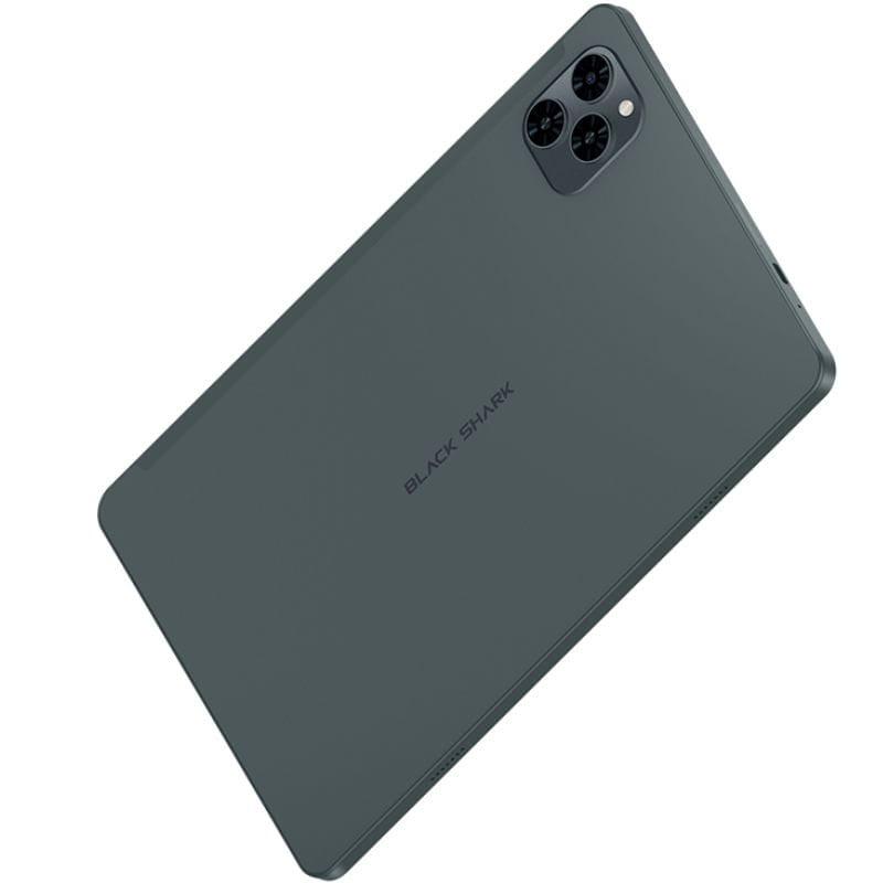 Tablet Black Shark Pad SE 10,1 pulgadas, color negro, acabado mate. Diseño delgado con módulo trasero triple en esquina y logo Black Shark centrado.