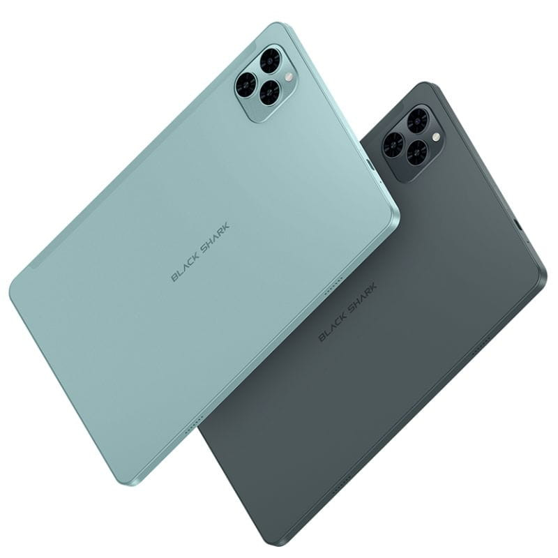 Tablet Black Shark Pad SE 10.1 azul y gris, cuerpo delgado, esquinas redondeadas, doble cámara trasera con módulo triple, acabado mate elegante
