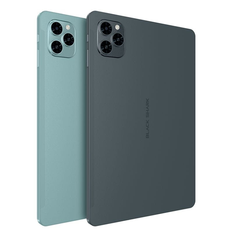 Tablet Black Shark Pad SE 10.1 azul y gris, cuerpo metálico delgado, doble cámara trasera en módulo cuadrado, bordes planos y acabado mate elegante