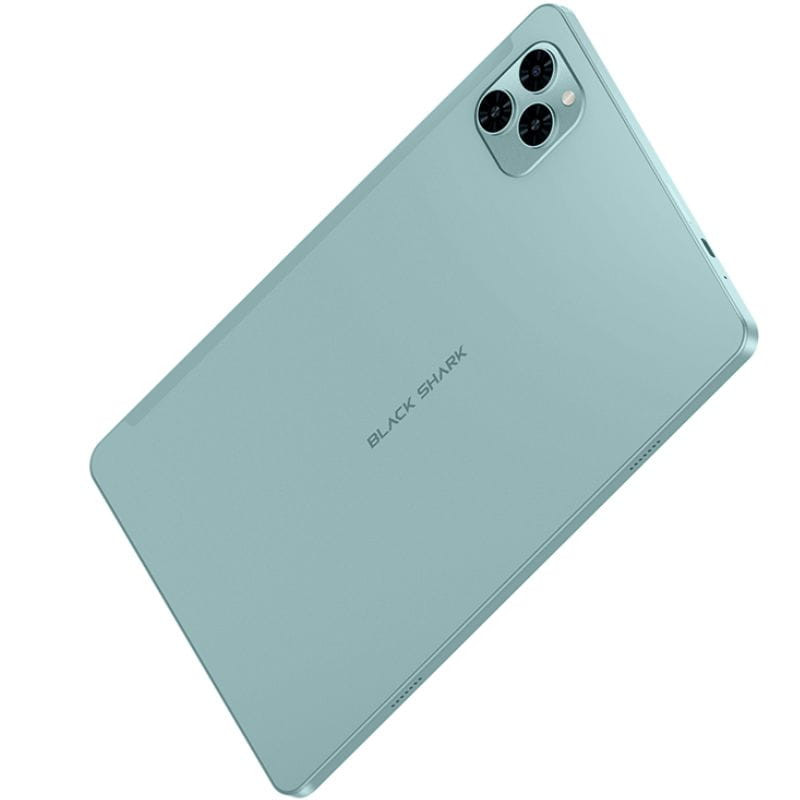 Tablet Black Shark Pad SE 10.1 azul con acabado mate, cuerpo delgado, cámara trasera triple en módulo cuadrado y bordes curvos; diseño elegante y moderno