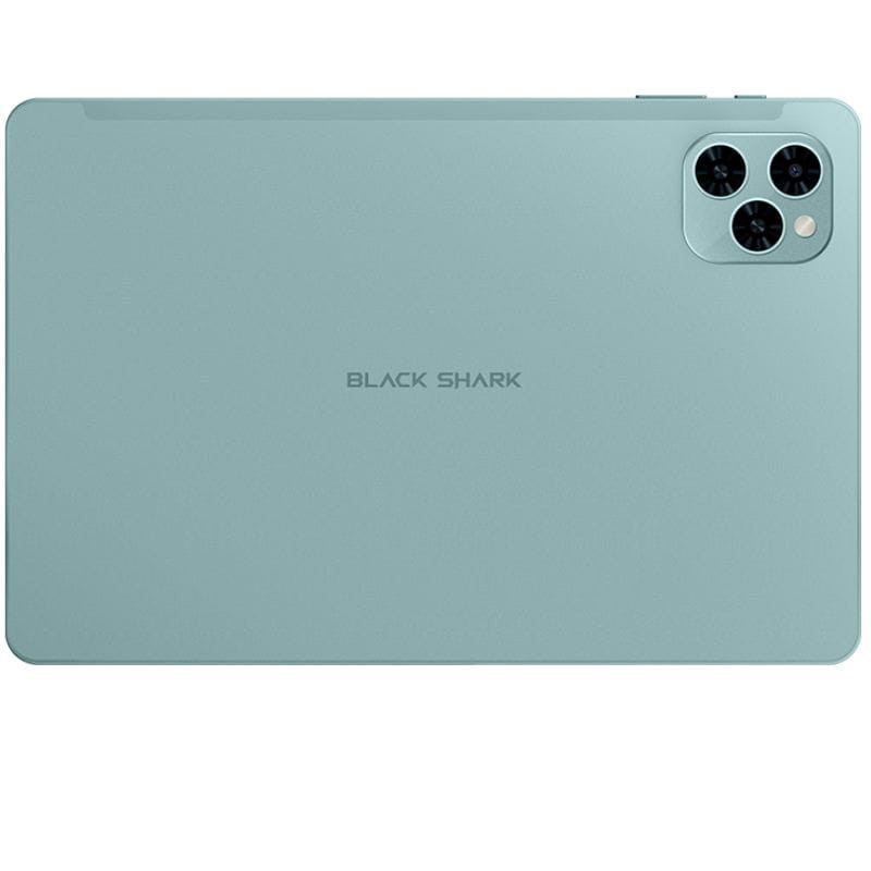 Tableta Black Shark Pad SE 10.1 azul con tapa trasera mate, módulo de triple cámara en esquina superior derecha y logo centrado BLACK SHARK