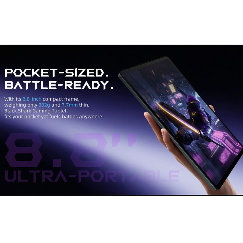 Tablet Black Shark Pad Gaming 8,8 pulgadas, color negro, diseño ultrafino y compacto, pantalla amplia con biseles delgados y estética gamer futurista