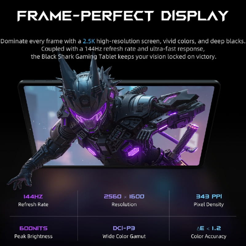 Tablet Black Shark Pad Gaming 8,8" negra, pantalla 2.5K 2560x1600 a 144Hz, brillo 600 nits, DCI-P3, ∆E<1.2, diseño gamer con luces púrpura y robot en