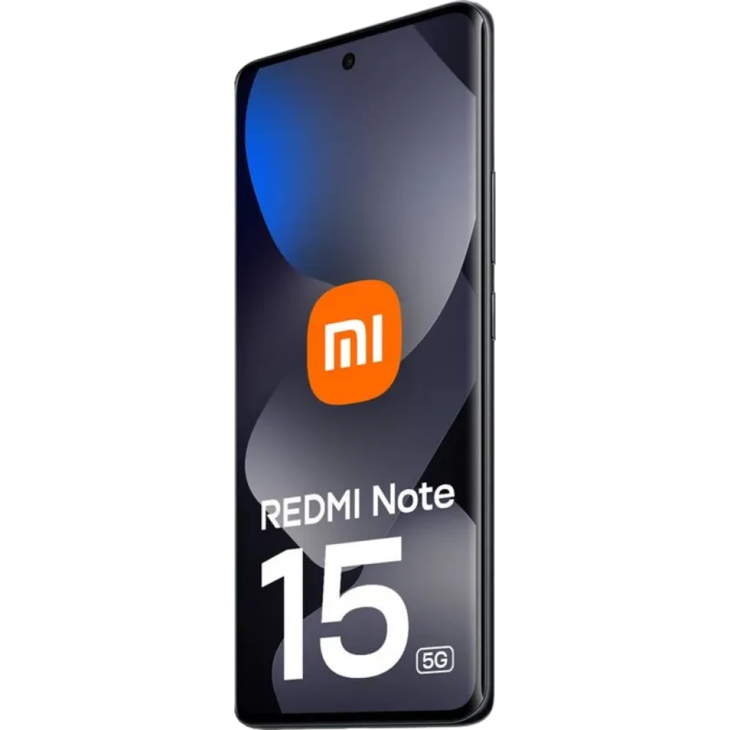 Xiaomi Redmi Note 15 5G preto, tela ampla com furo central para câmera, bordas finas e acabamento elegante; destaque para logo MI e número 15 na tela