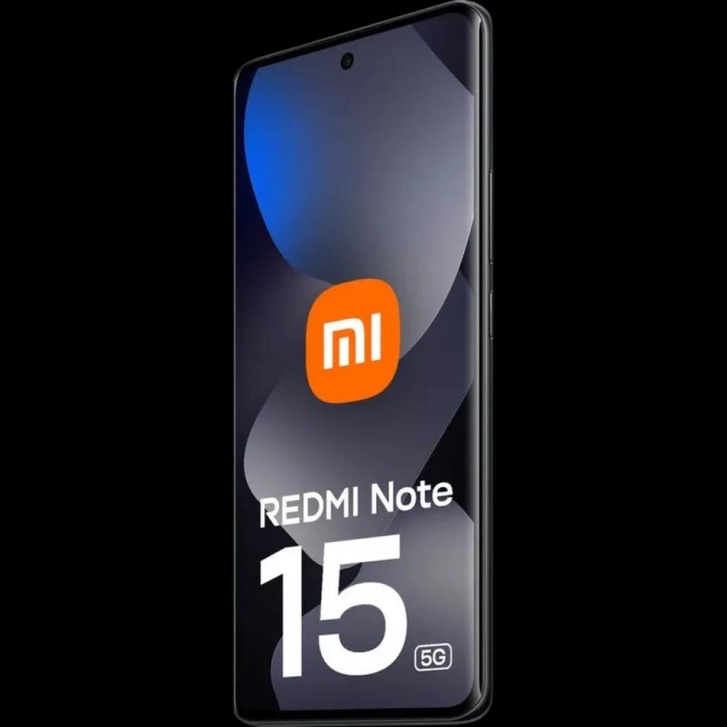 Xiaomi Redmi Note 15 5G preto, tela ampla com furo central para câmera, bordas finas e acabamento elegante; destaque para logo MI e número 15 na tela