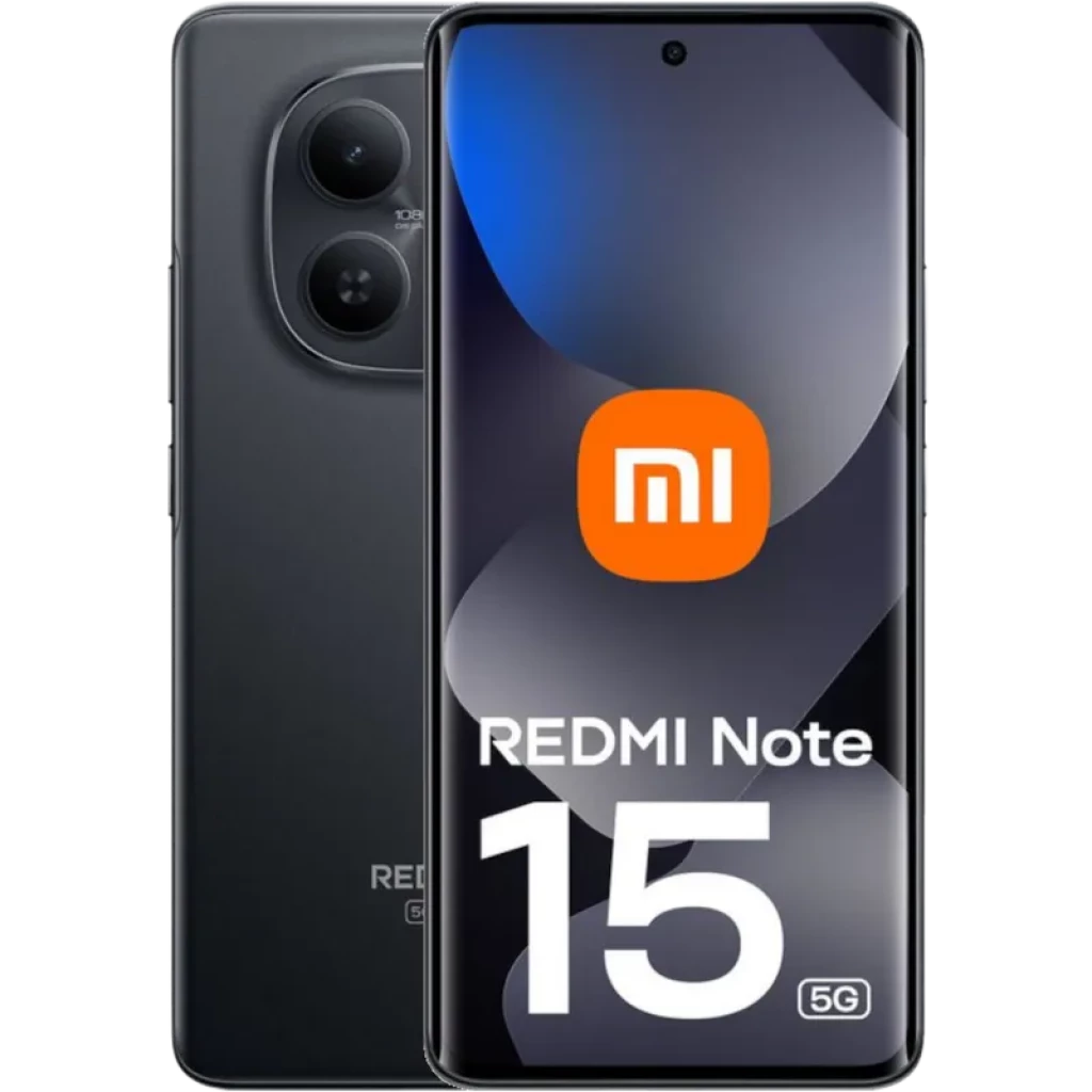 Xiaomi Redmi Note 15 5G 8GB/256GB Negro con pantalla casi sin bordes y cámara frontal en agujero; módulo trasero dual circular y acabado mate elegante